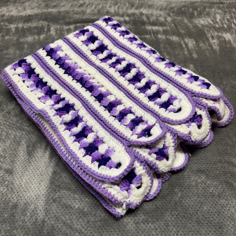 Handmade Crochet Mile A Minute Blanket Purple White Scalloped Afghan Throw 64x25